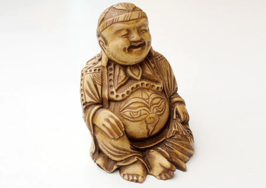 4-Inch Seated Laughing Buddha Resin Statue with Intricate Carvings