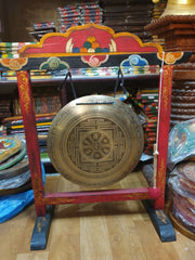 13" Tibetan Gong with Frame, Om Mane Mandala Handmade Gong