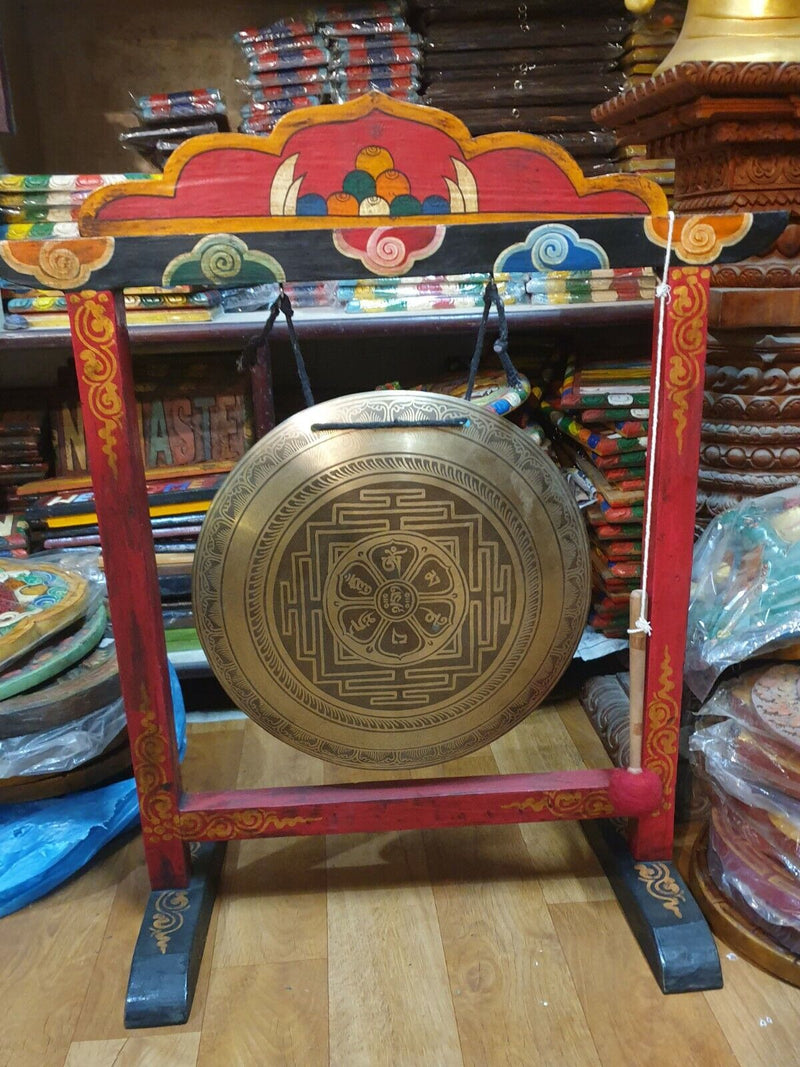 13" Tibetan Gong with Frame, Om Mane Mandala Handmade Gong