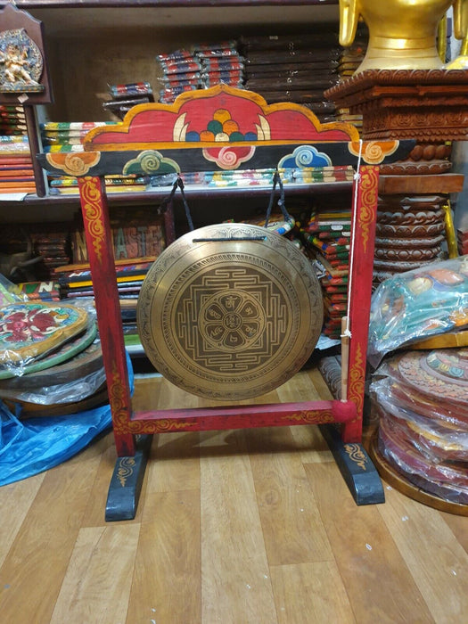 13" Tibetan Gong with Frame, Om Mane Mandala Handmade Gong