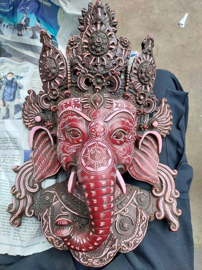 Carving Ganesh Mask (14") , Ganesh Resin Statue, Wall Hanging