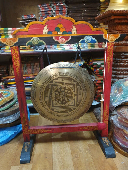 13" Tibetan Gong with Frame, Om Mane Mandala Handmade Gong