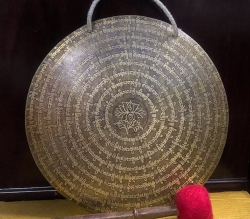 13 inches Full mantra Carving Tibetan Gong from Nepal - Temple gong Meditation