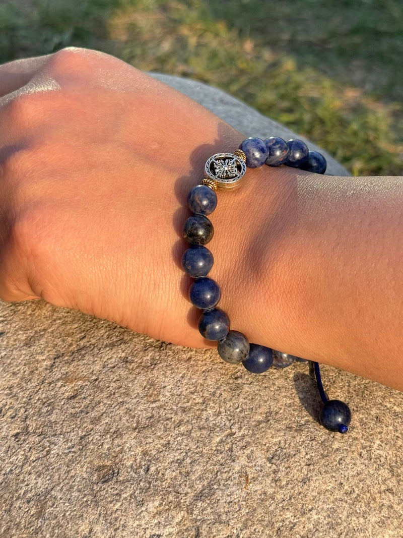 Sodalite Gemstone Bracelet with Guru Bead – Handmade 8mm Stretch Bracelet